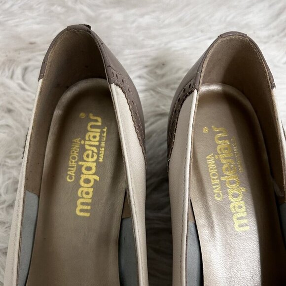 Magdesians Wingtip Pumps Heels Size 10 White Taupe Mod Party Wedding Secretary - Picture 9 of 11